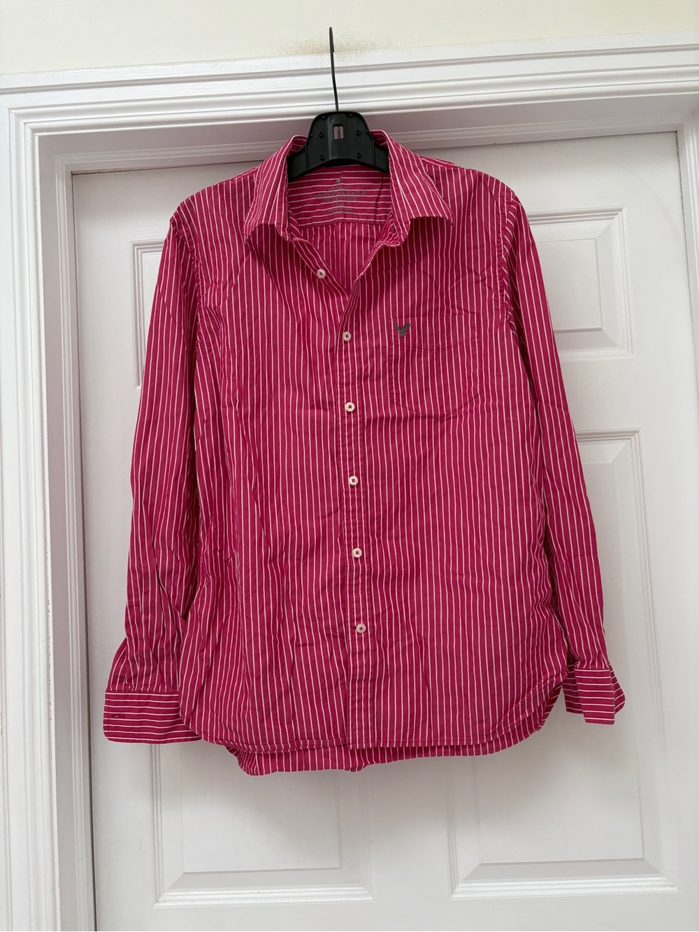 American Eagle Outfitters Men’s Pink and White Striped Button-Down Shirt